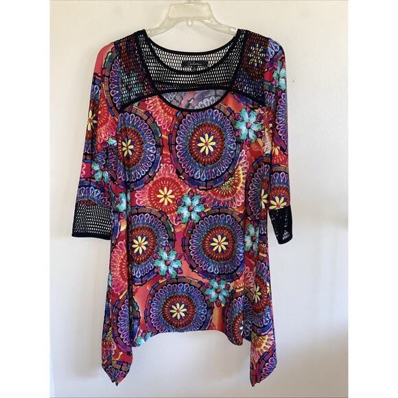 Calessa Vibrant Floral Boho Flower Hippie Mesh Cutout Tunic Top Wearable Art L - Picture 2 of 9